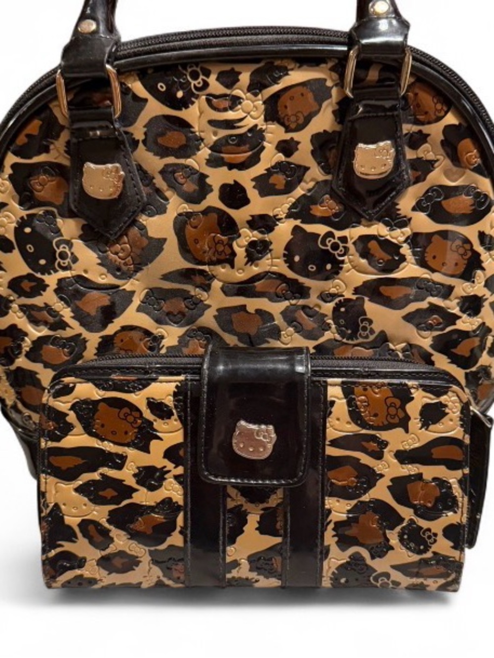Hello Kitty Leopard Print Patent Tote in Black and Tan